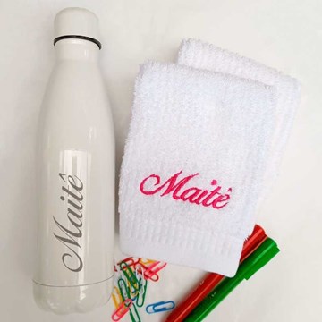 kit garrafa térmica + 3 toalhas escolares personalizadas - branca